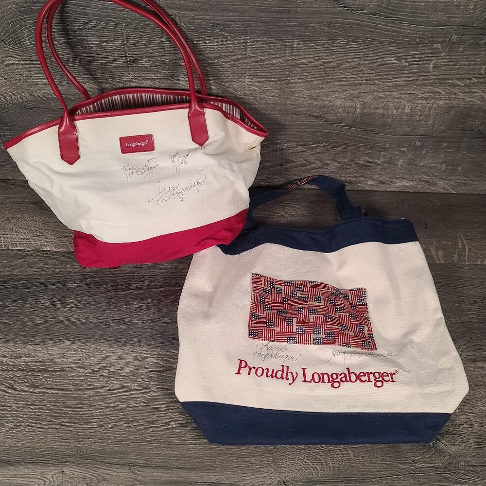 Lot Of 2 Longaberger Canvas Totes Red White Blue Proudly Longaberger Signatures